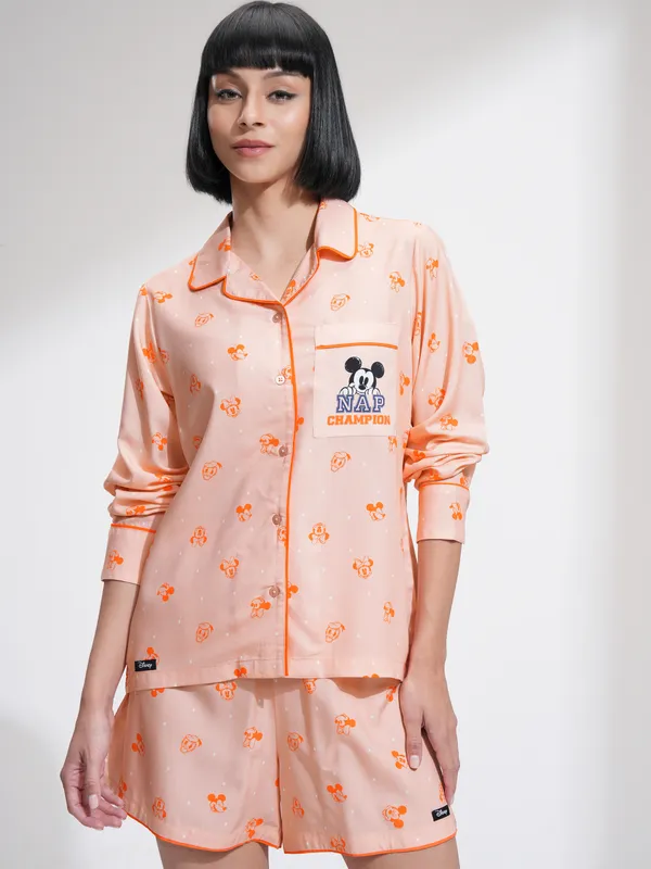 Disney By Tokyo Talkies Women Peach Mickey Mouse Shirt With Shorts CoOrds