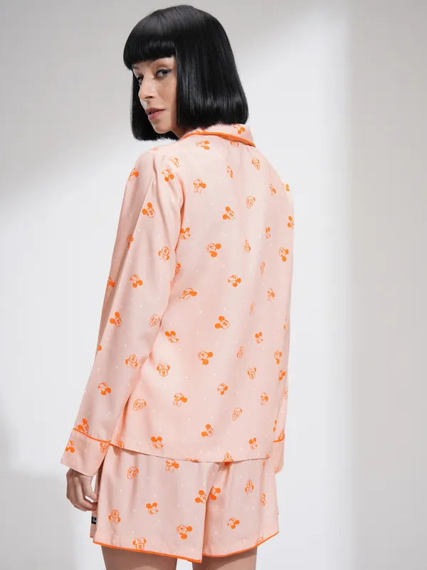 Disney By Tokyo Talkies Women Peach Mickey Mouse Shirt With Shorts CoOrds