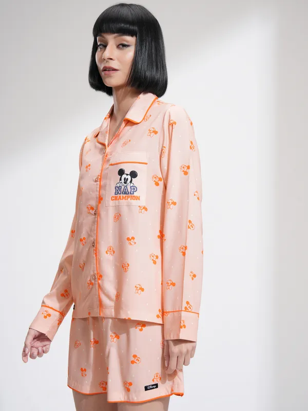 Disney By Tokyo Talkies Women Peach Mickey Mouse Shirt With Shorts CoOrds