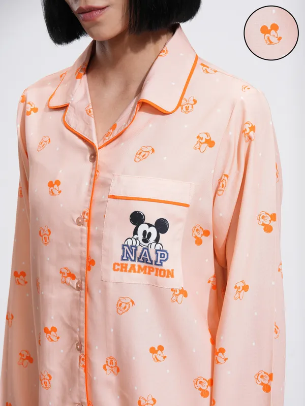 Disney By Tokyo Talkies Women Peach Mickey Mouse Shirt With Shorts CoOrds