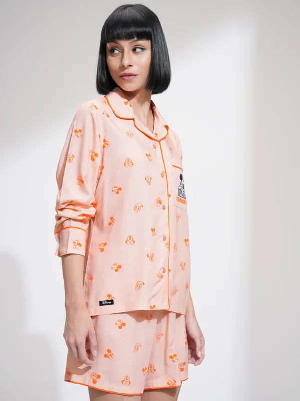 Disney By Tokyo Talkies Women Peach Mickey Mouse Shirt With Shorts CoOrds