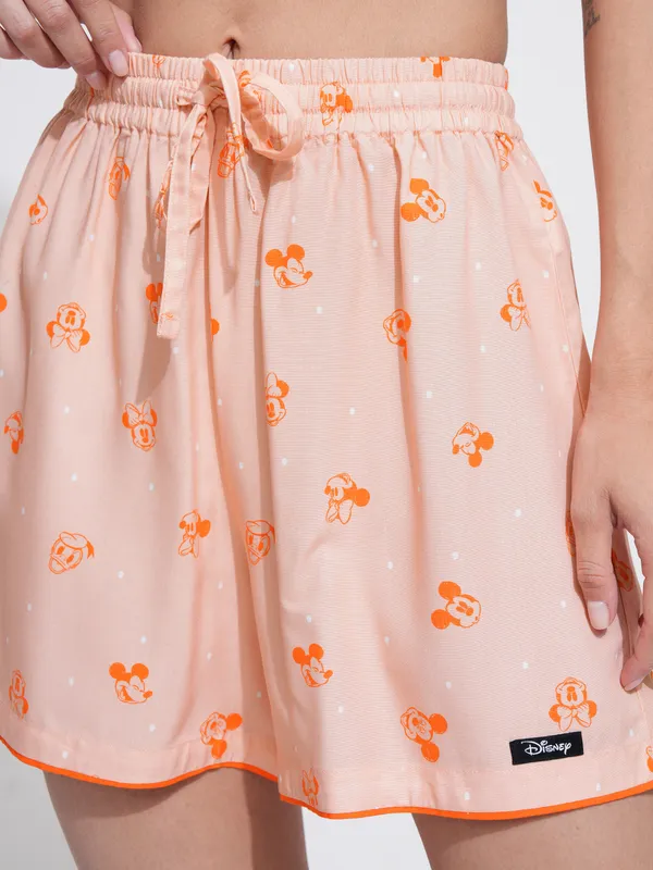 Disney By Tokyo Talkies Women Peach Mickey Mouse Shirt With Shorts CoOrds