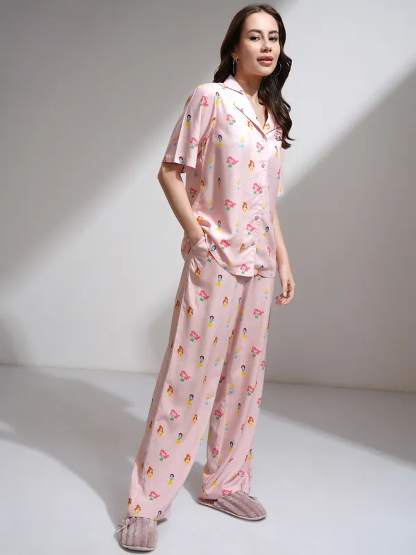 Disney By Tokyo Talkies Women Pink Disney Princess Shirt With Palazzos