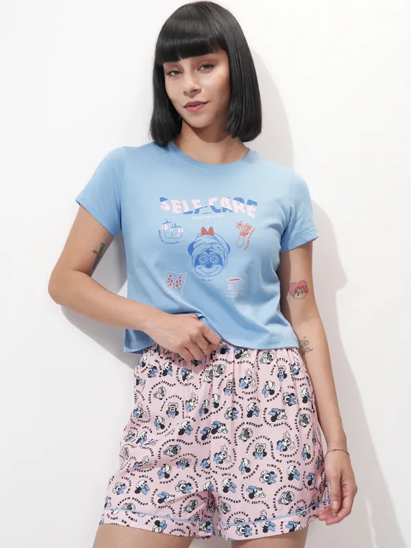 Disney By Tokyo Talkies Women Blue Minnie Mouse Top With Short