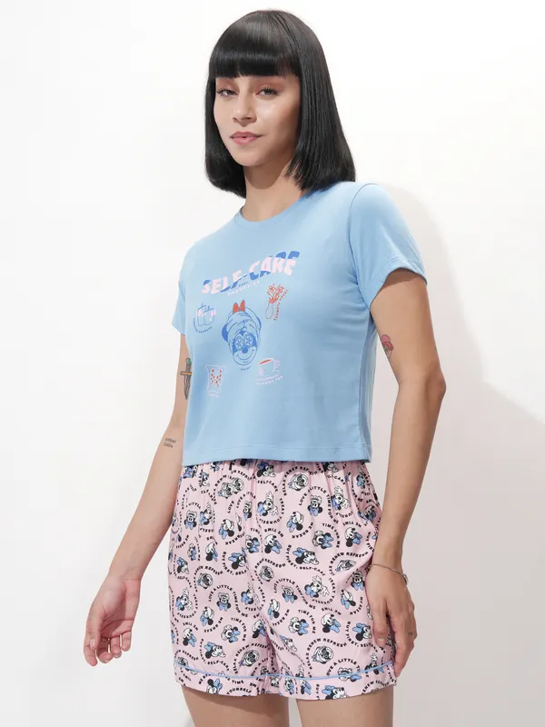 Disney By Tokyo Talkies Women Blue Minnie Mouse Top With Short