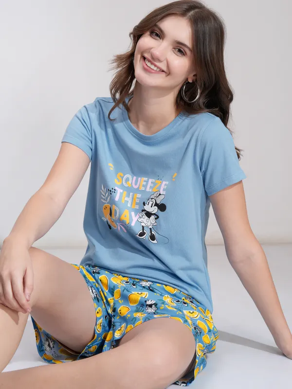 Disney By Tokyo Talkies Women Blue Minnie Mouse T-shirt With Short