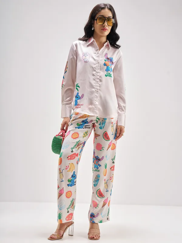 Disney By Tokyo Talkies Women Pink Stitch Shirt With Trouser Co-Ords