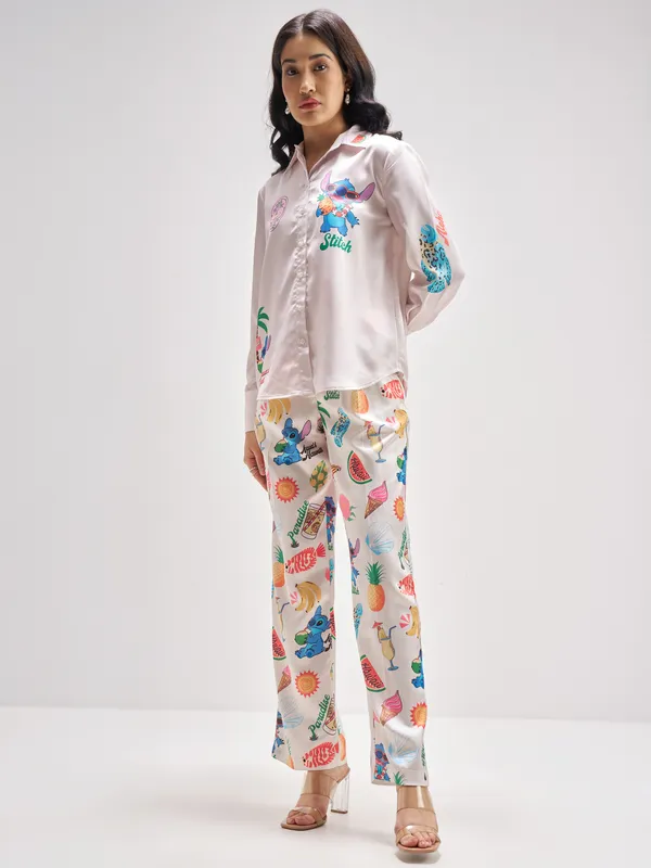 Disney By Tokyo Talkies Women Pink Stitch Shirt With Trouser Co-Ords