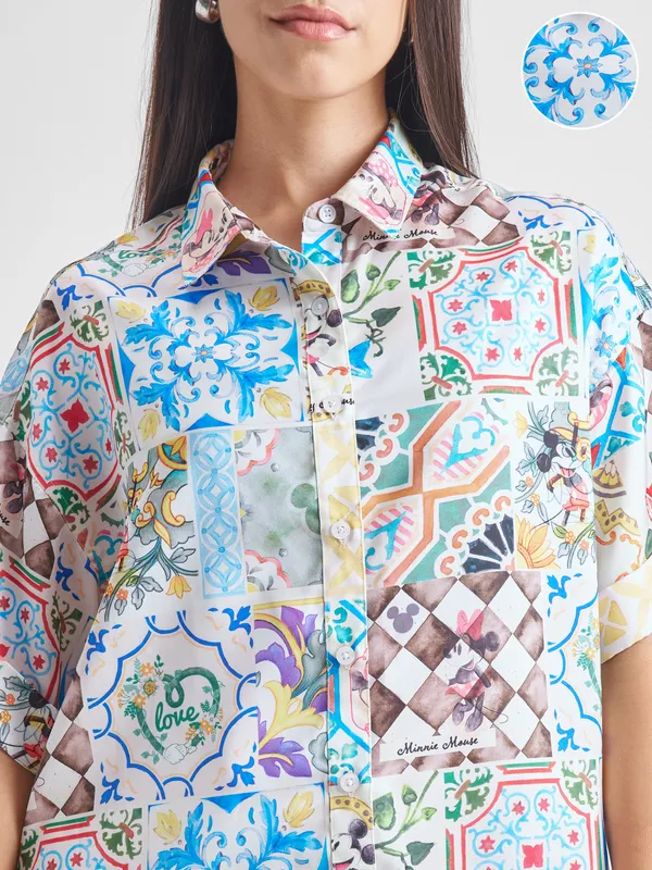 Disney By Tokyo Talkies Women Off White Mickey Mouse Shirt With Trouser Co-Ords