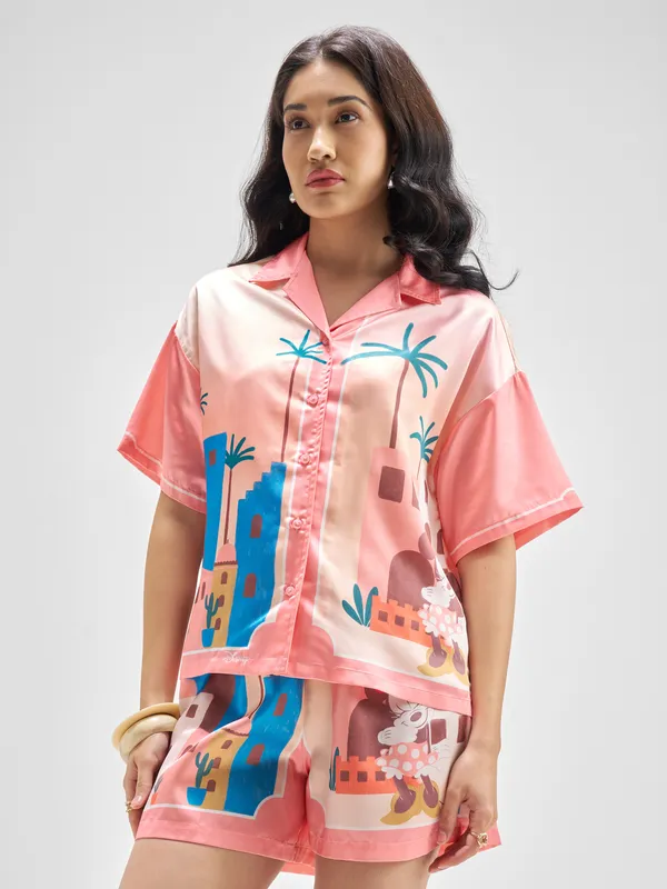 Disney By Tokyo Talkies Women Pink Mickey Mouse Shirt With Shorts Co-Ords