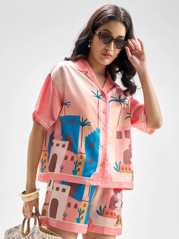 Disney By Tokyo Talkies Women Pink Mickey Mouse Shirt With Shorts Co-Ords