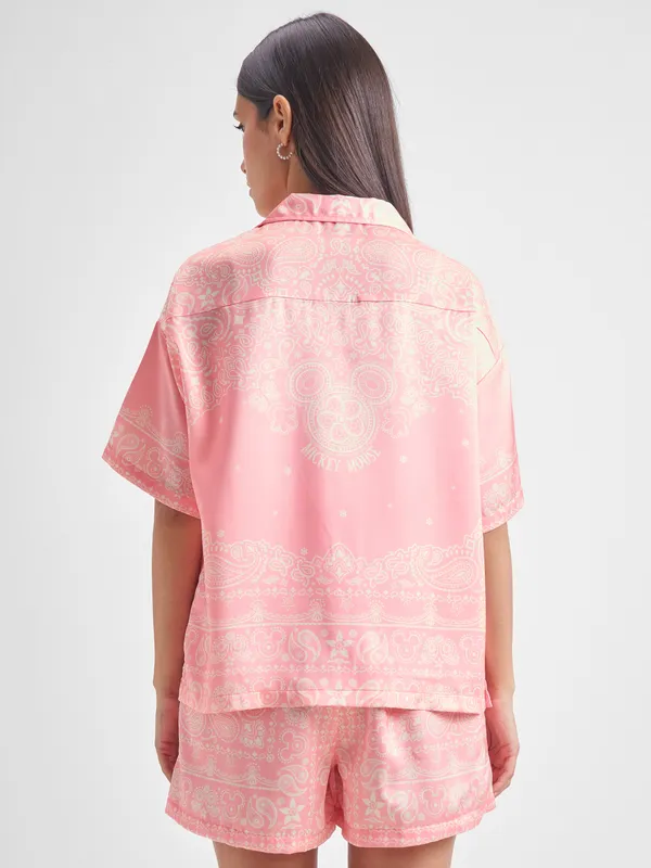 Disney By Tokyo Talkies Women Pink Mickey Mouse Shirt With Shorts Co-Ords
