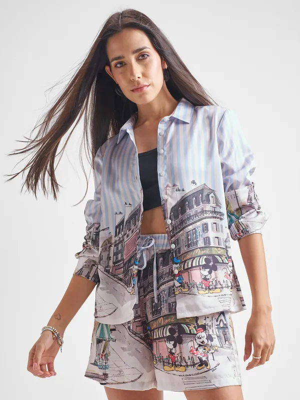 Disney By Tokyo Talkies Women Blue Mickey Mouse Shirt With Short