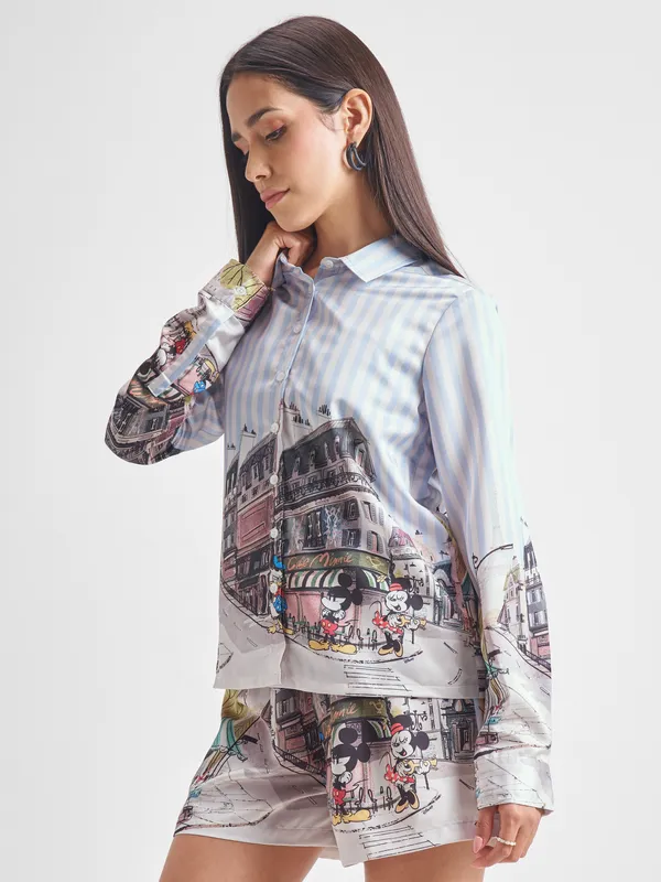 Disney By Tokyo Talkies Women Blue Mickey Mouse Shirt With Short