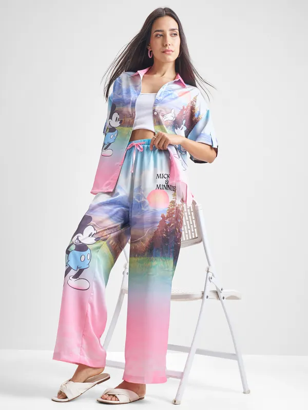 Disney By Tokyo Talkies Women Pink Mickey Mouse Shirt With Trouser