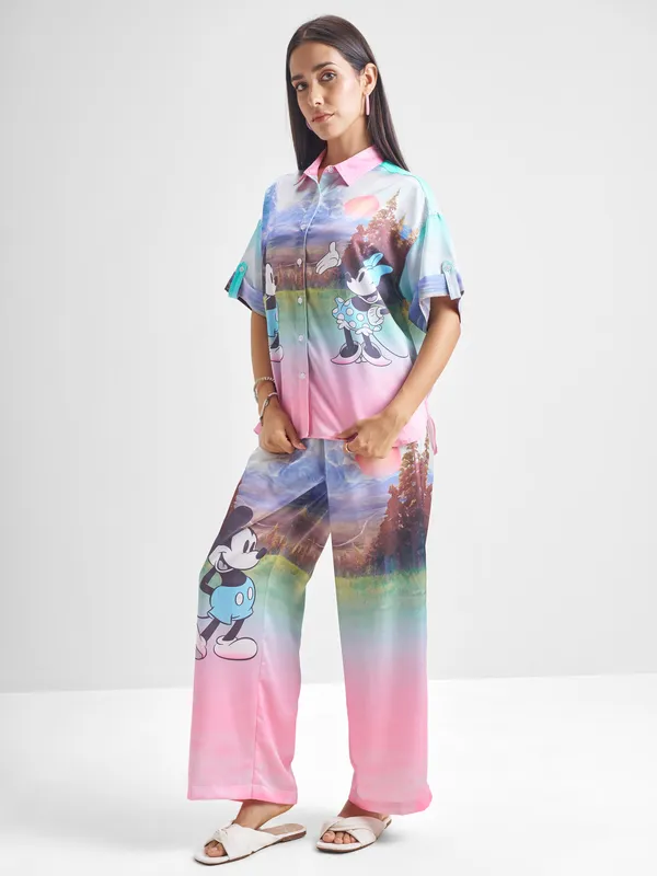 Disney By Tokyo Talkies Women Pink Mickey Mouse Shirt With Trouser