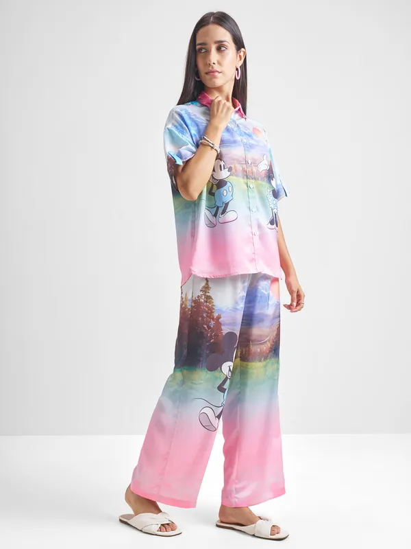 Disney By Tokyo Talkies Women Pink Mickey Mouse Shirt With Trouser