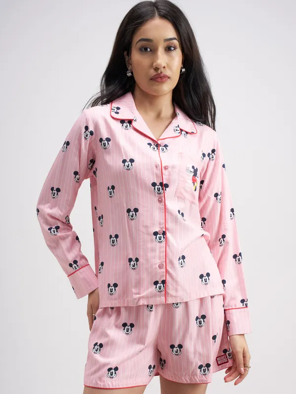 Disney By Tokyo Talkies Women Pink Mickey Mouse Top With Shorts Co-Ords