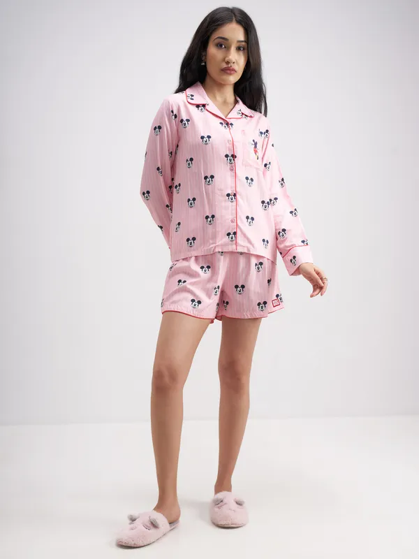 Disney By Tokyo Talkies Women Pink Mickey Mouse Top With Shorts Co-Ords