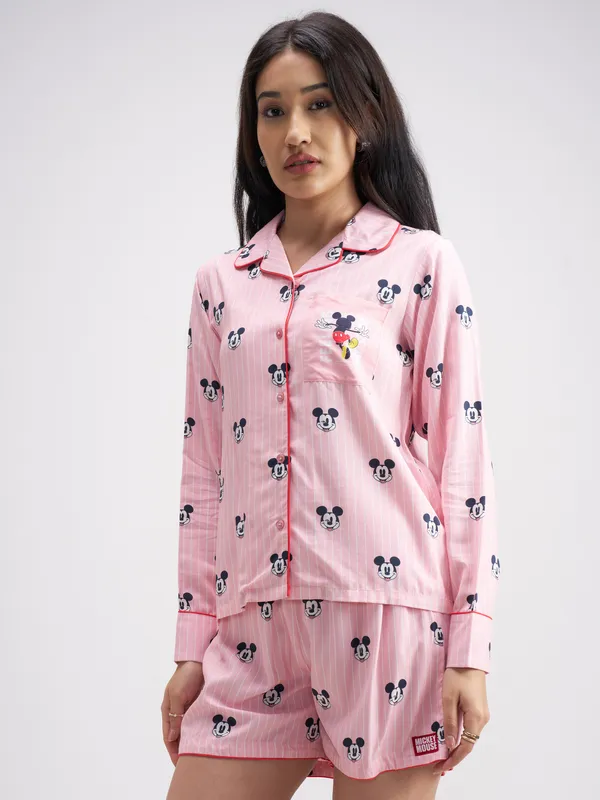 Disney By Tokyo Talkies Women Pink Mickey Mouse Top With Shorts Co-Ords