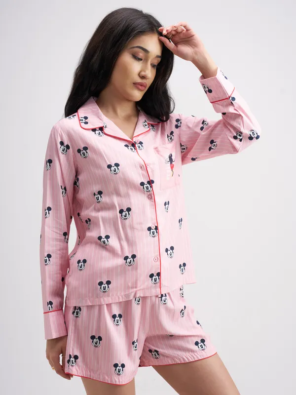 Disney By Tokyo Talkies Women Pink Mickey Mouse Top With Shorts Co-Ords