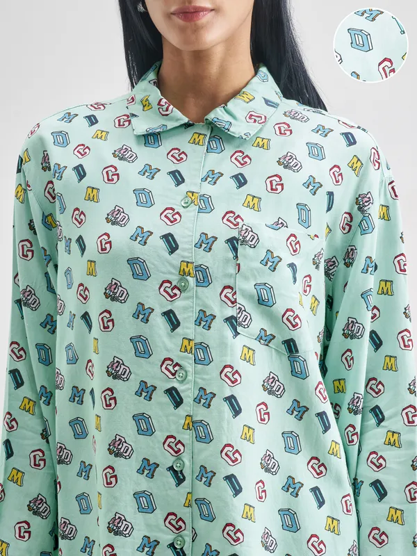 Disney By Tokyo Talkies Women Green Donald Duck Shirt With Trouser Co-Ords