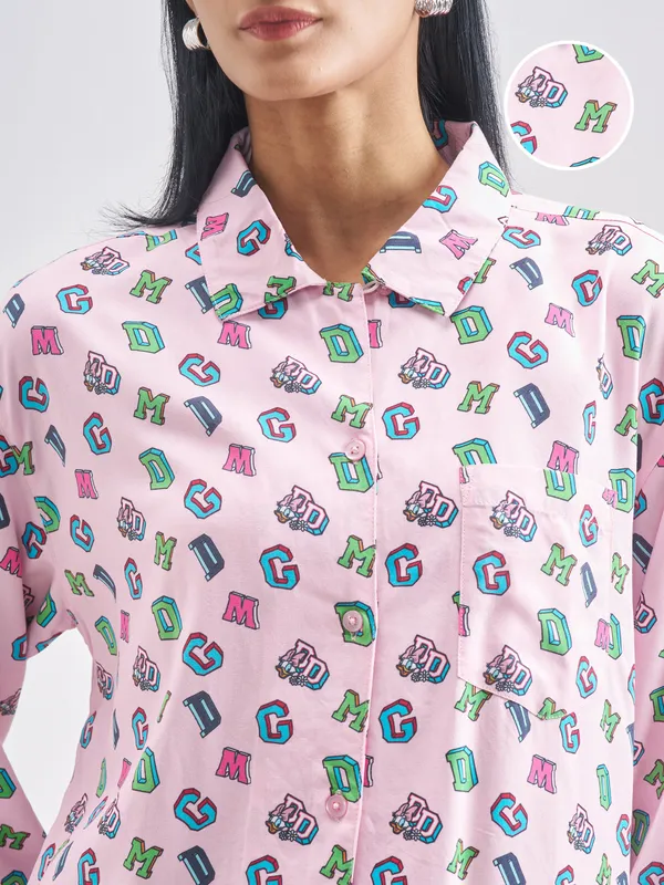 Disney By Tokyo Talkies Women Pink Donald Duck Shirt With Trouser Co-Ords