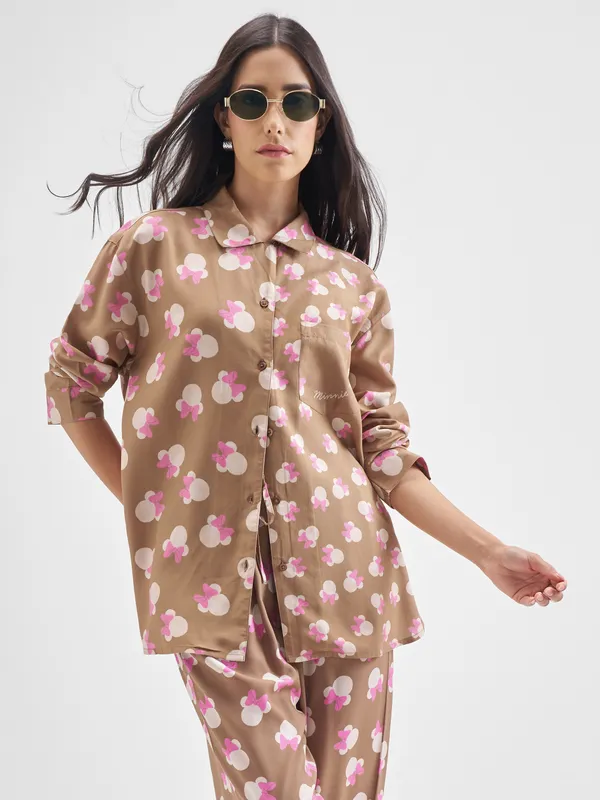 Disney By Tokyo Talkies Women Brown Minnie Mouse Shirt With Trouser Co-Ords