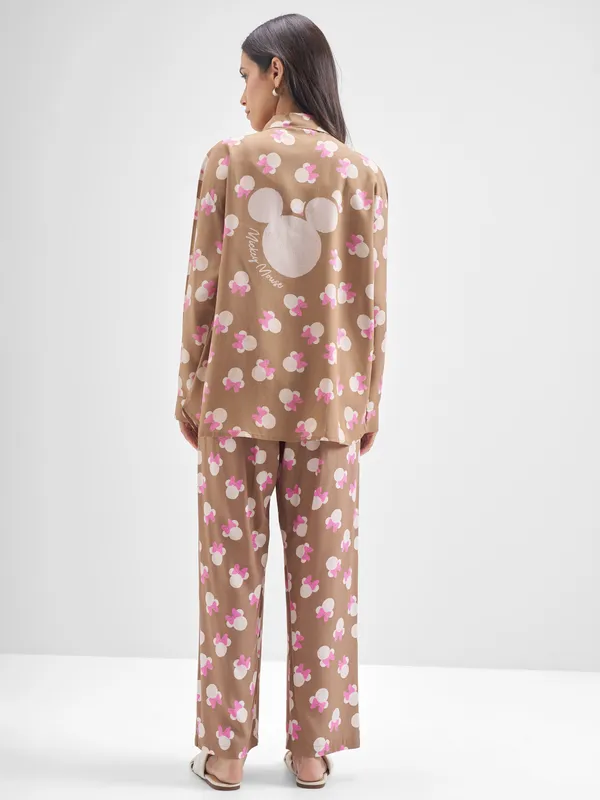 Disney By Tokyo Talkies Women Brown Minnie Mouse Shirt With Trouser Co-Ords