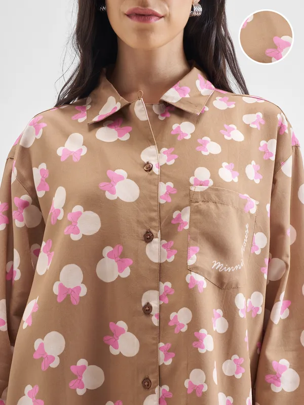 Disney By Tokyo Talkies Women Brown Minnie Mouse Shirt With Trouser Co-Ords