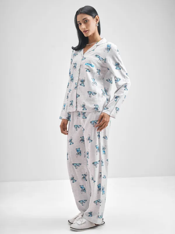 Disney By Tokyo Talkies Women Grey Stitch Shirt With Trouser Co-Ords