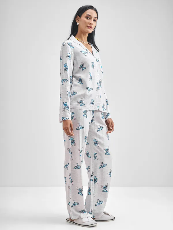 Disney By Tokyo Talkies Women Grey Stitch Shirt With Trouser Co-Ords