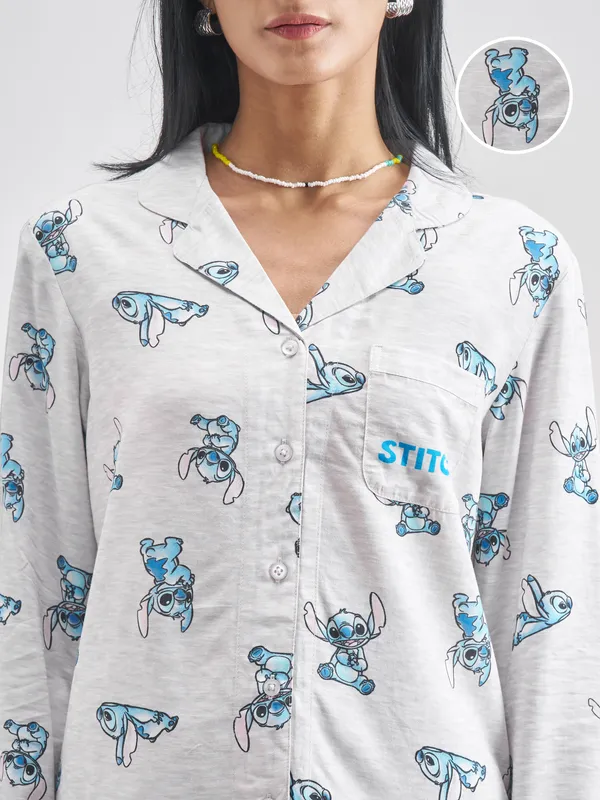 Disney By Tokyo Talkies Women Grey Stitch Shirt With Trouser Co-Ords