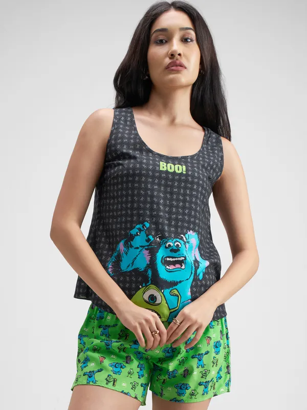 Disney By Tokyo Talkies Women Black Monster Inc. Top With Shorts Co-Ords