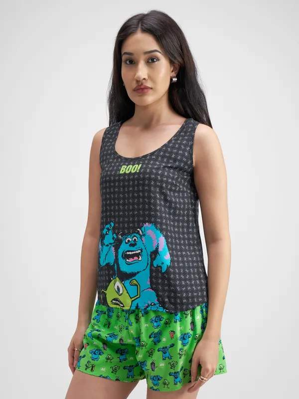 Disney By Tokyo Talkies Women Black Monster Inc. Top With Shorts Co-Ords