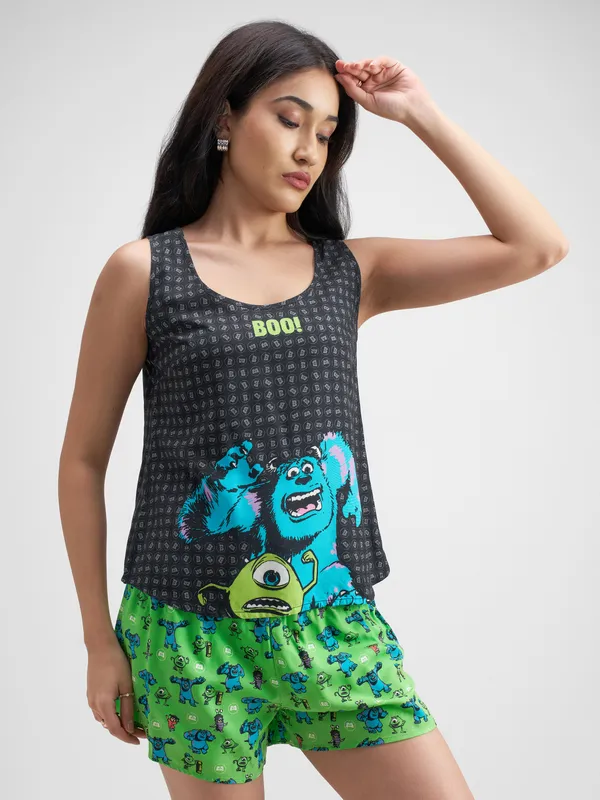 Disney By Tokyo Talkies Women Black Monster Inc. Top With Shorts Co-Ords