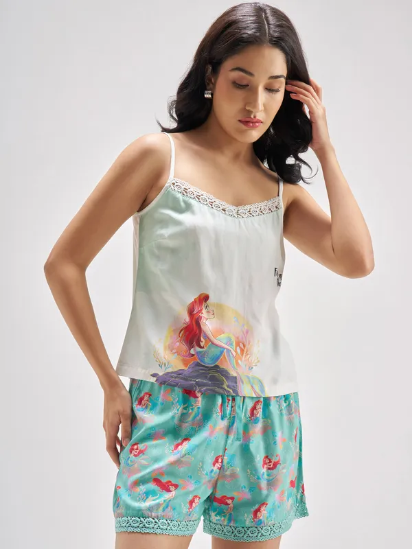 Disney By Tokyo Talkies Women Turquoise Little Mermaid Top With Shorts Co-Ords