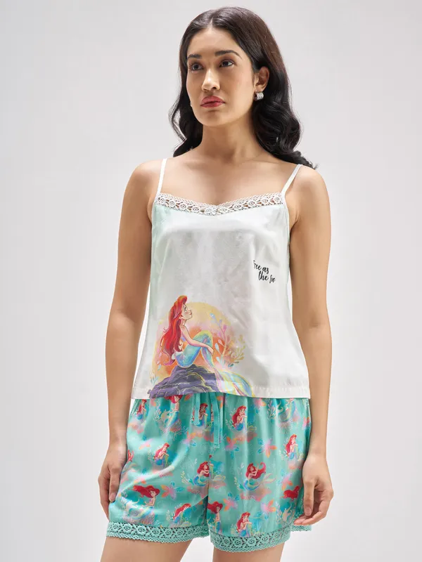 Disney By Tokyo Talkies Women Turquoise Little Mermaid Top With Shorts Co-Ords