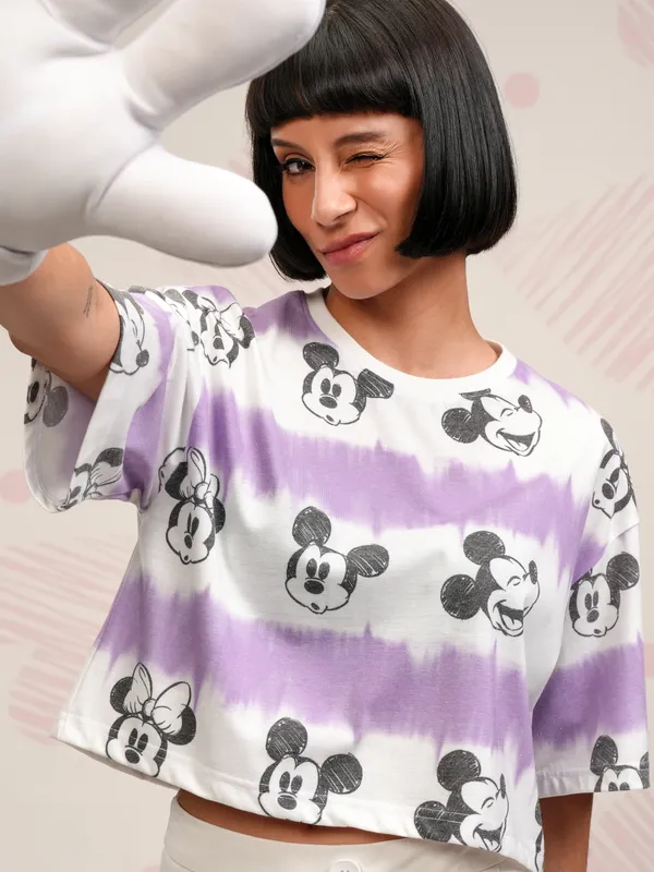 Disney By Tokyo Talkies Women Lavender Mickey Mouse Printed Boxy Top