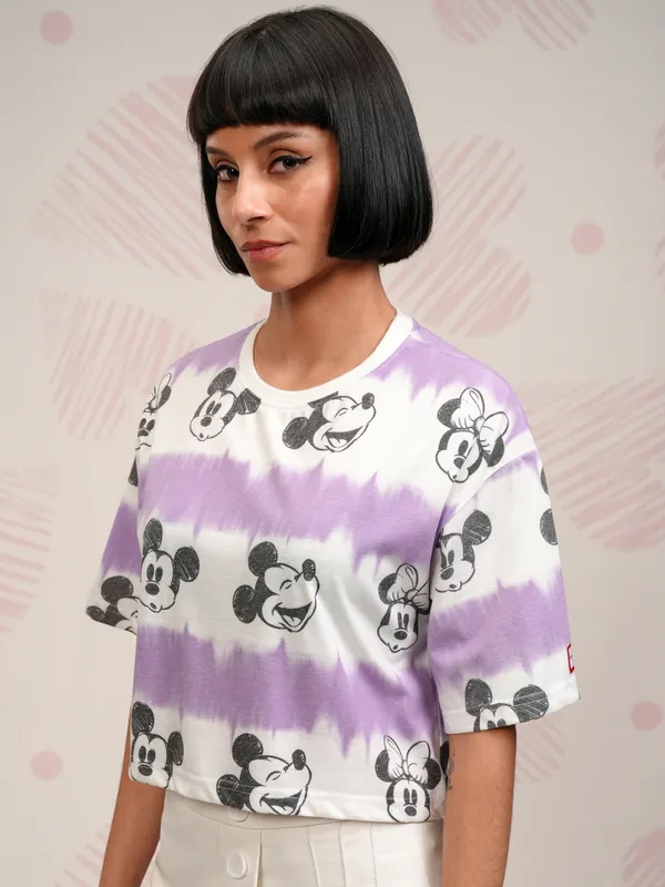 Disney By Tokyo Talkies Women Lavender Mickey Mouse Printed Boxy Top