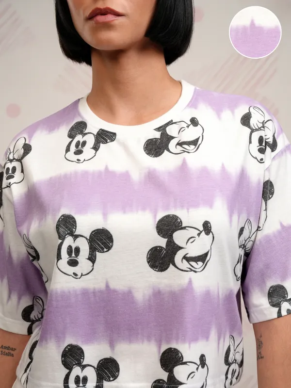 Disney By Tokyo Talkies Women Lavender Mickey Mouse Printed Boxy Top