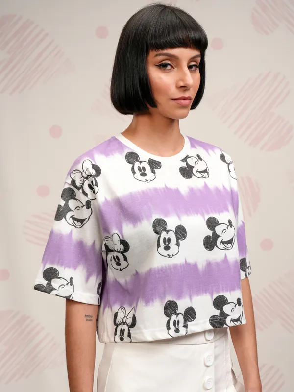 Disney By Tokyo Talkies Women Lavender Mickey Mouse Printed Boxy Top