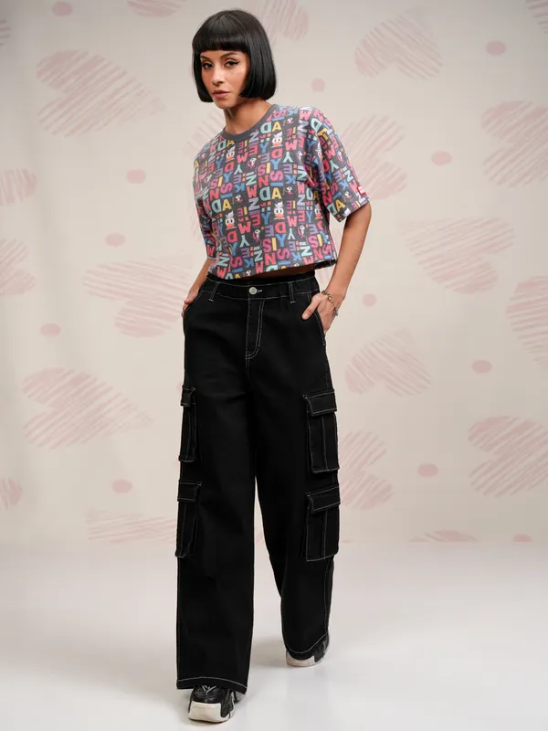 Disney By Tokyo Talkies Women Black Mickey Mouse Printed Round Neck T-Shirt