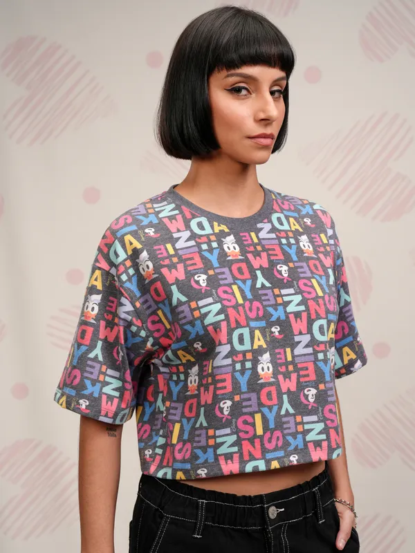 Disney By Tokyo Talkies Women Black Mickey Mouse Printed Round Neck T-Shirt