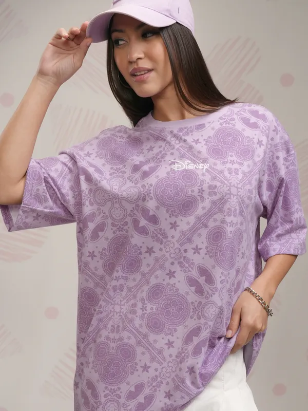 Disney By Tokyo Talkies Women Lavender Mickey Mouse Printed Round Neck T-Shirt
