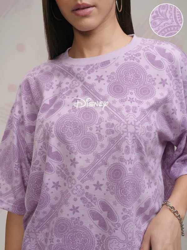 Disney By Tokyo Talkies Women Lavender Mickey Mouse Printed Round Neck T-Shirt