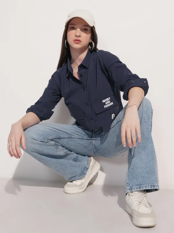 Disney By Tokyo Talkies Women Navy Blue Mickey And Friends Printed Casual Shirt