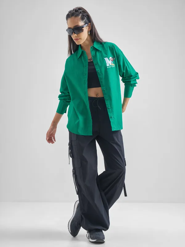 Disney By Street By Tokyo Talkies Women Green Mickey Mouse Printed Casual Shirt