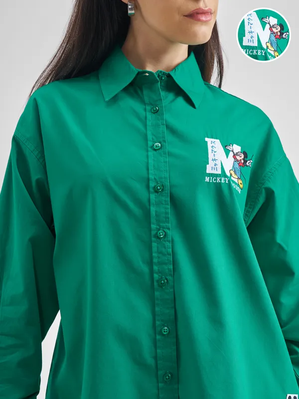 Disney By Street By Tokyo Talkies Women Green Mickey Mouse Printed Casual Shirt