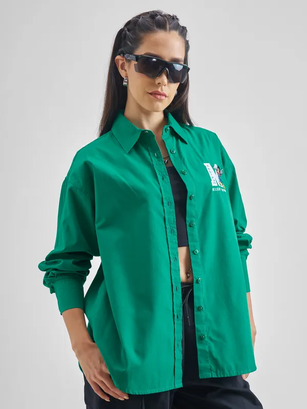 Disney By Street By Tokyo Talkies Women Green Mickey Mouse Printed Casual Shirt